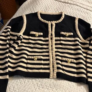 J. Crew Black and Cream Striped Cardigan